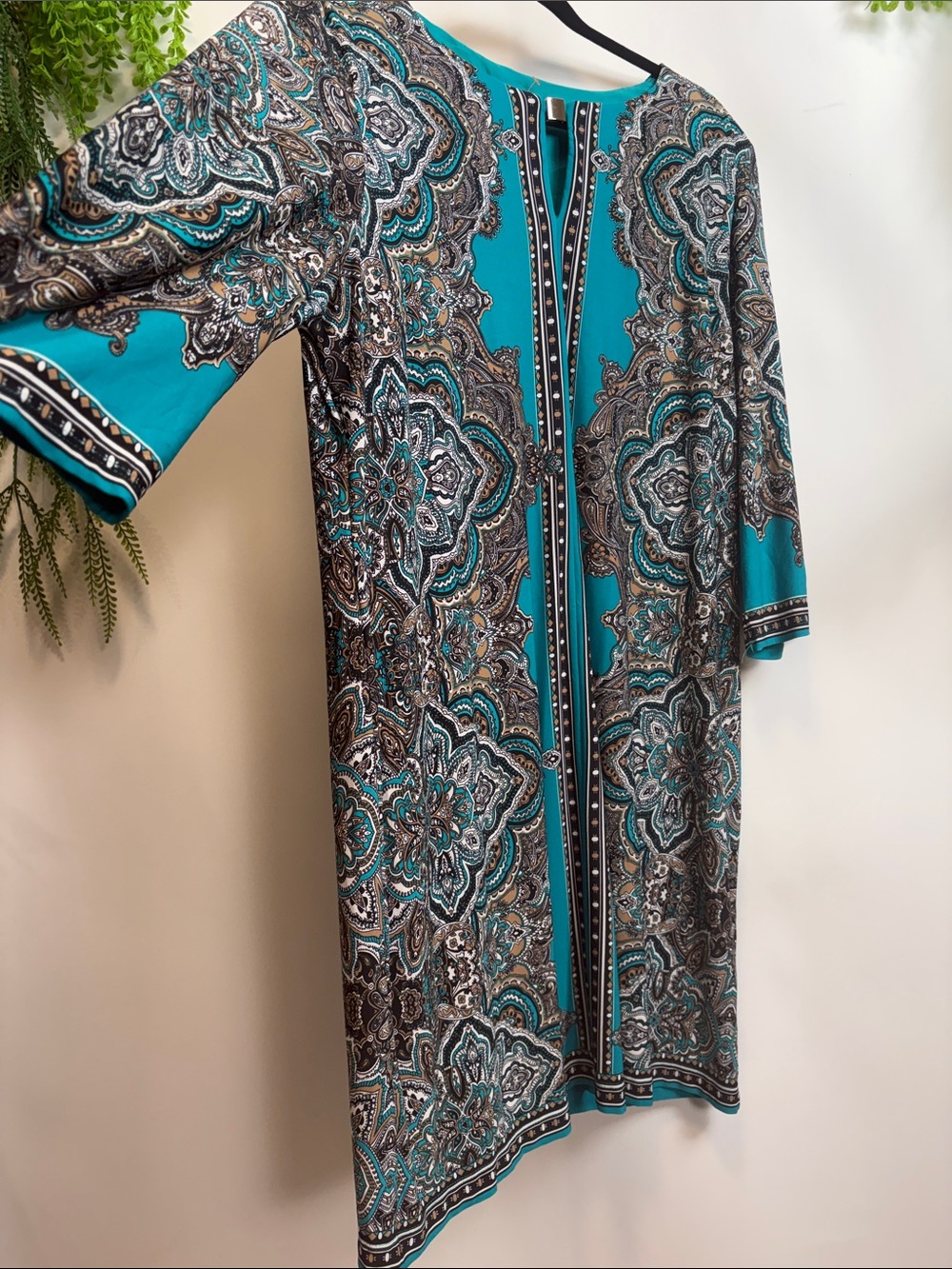 Studio One Teal Paisley Print Dress with Gold Accent